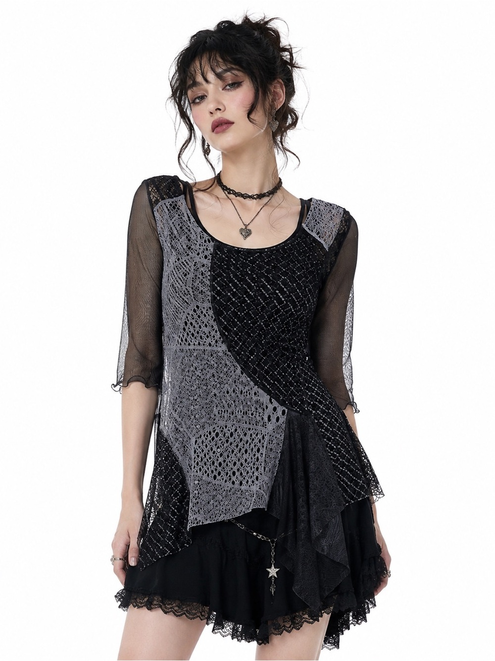Boho Y2K Black Sheer Patchwork Top Whimsigoth Grunge Asymmetrical Witchy Bratz